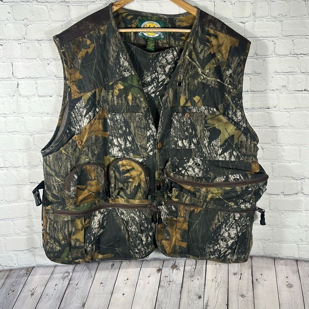 Cabelas Mens Mossy Oak Breakup Utility Hunting Fishing Vest 2XL Multiple Pockets